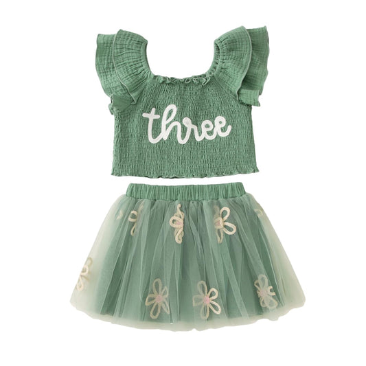 KEKEMI Toddler Girl Birthday Outfits 2nd 3rd 4th 5th 6th 7th Birthday Embroidery Shirt B-Day Tutu Skirt Set Cake Smash Outfit(Green,3T)