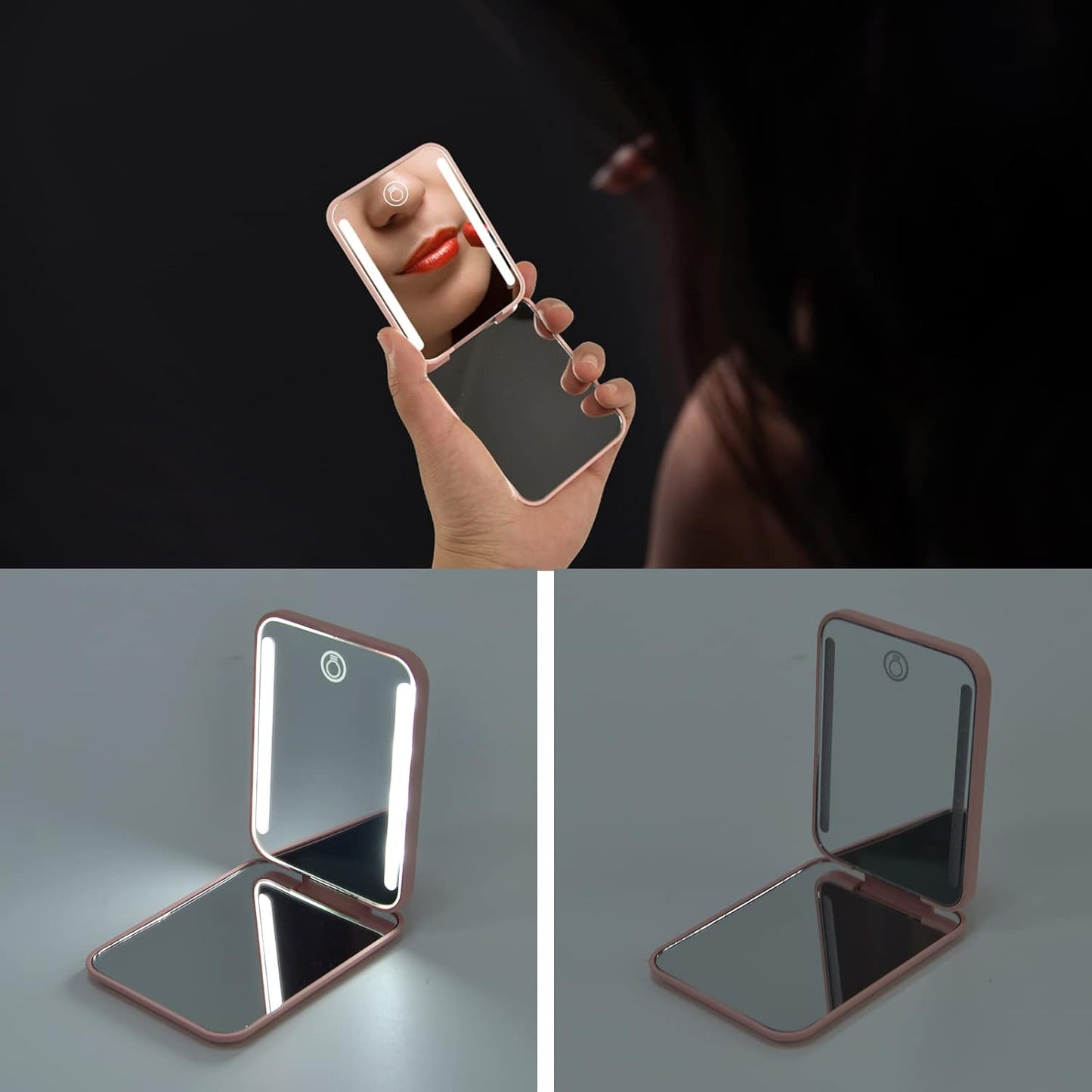 Kintion Rechargeable Pocket Mirror, Double Sided 1X/3X Magnification Compact Vanity Mirror, 3 Color Lights, Dimmable, Small Portable Wallet Mirror, Lighted Travel Mirror for Women Gifts, Pink