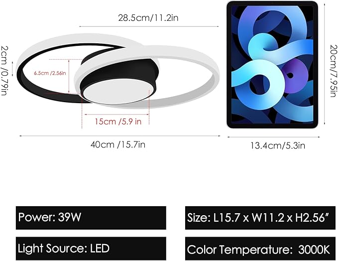 AUA Modern Ceiling Light, 39W LED Flush Mount Ceiling Light Fixture, 15.7" 3000K Round Close to Ceiling Lighting for Bedroom Hallway Dining Room Kitchen Entryway Black and White