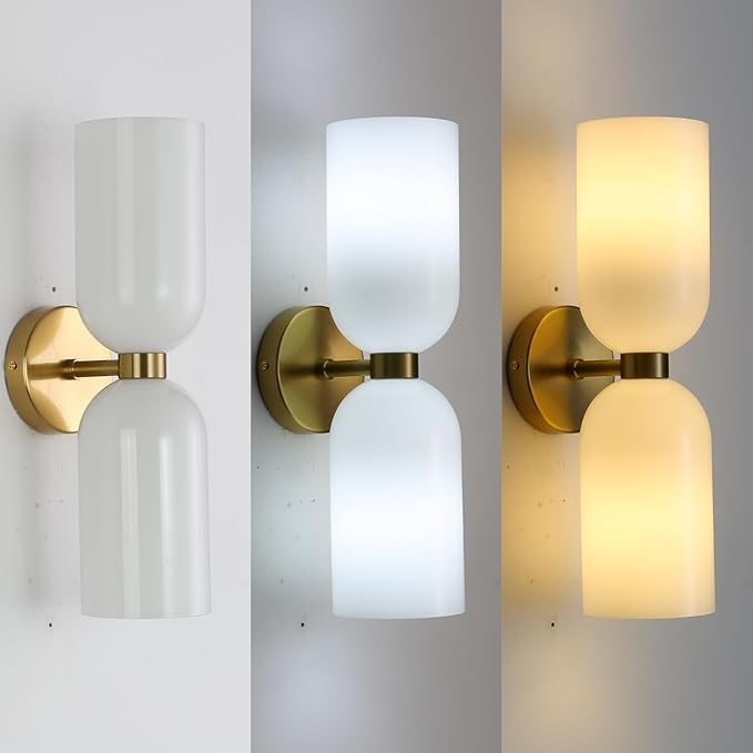 Minimalist 2-Light Gold Wall Sconces with Cylinder Glass Shades- Mid Century Vanity Wall Double Lights Hardwired- Modern Indoor Glass Wall Mounted Art Decor Lights (Milky White, 1 Pack)