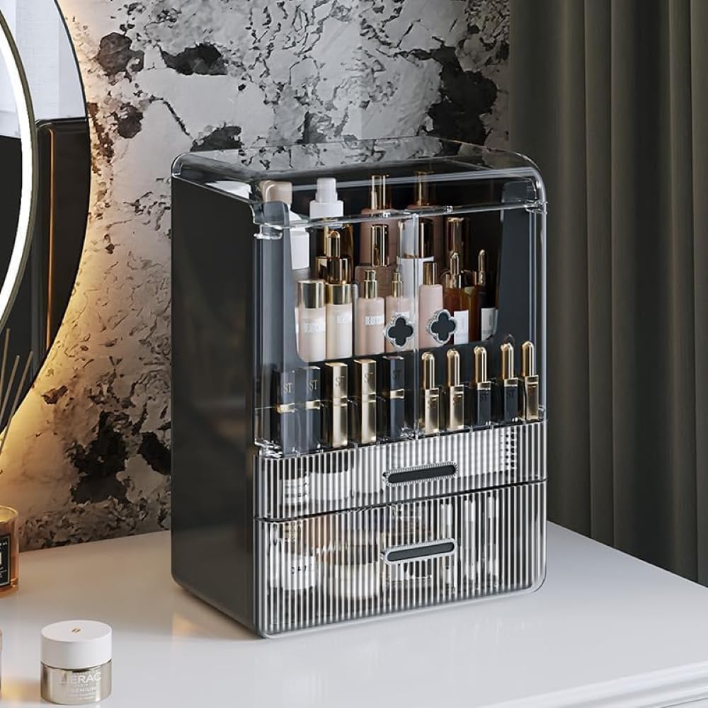 Acrylic Makeup Organizer with Drawers – 38.5CM Large Capacity Cosmetic Storage Box, Dustproof & Waterproof Vanity Organizer for Skincare, Jewelry, Lipsticks & Beauty Products (Black)