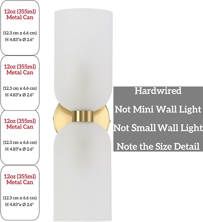 Minimalist 2-Light Gold Wall Sconces with Cylinder Glass Shades- Mid Century Vanity Wall Double Lights Hardwired- Modern Indoor Glass Wall Mounted Art Decor Lights (Frosted White, 1 Pack)