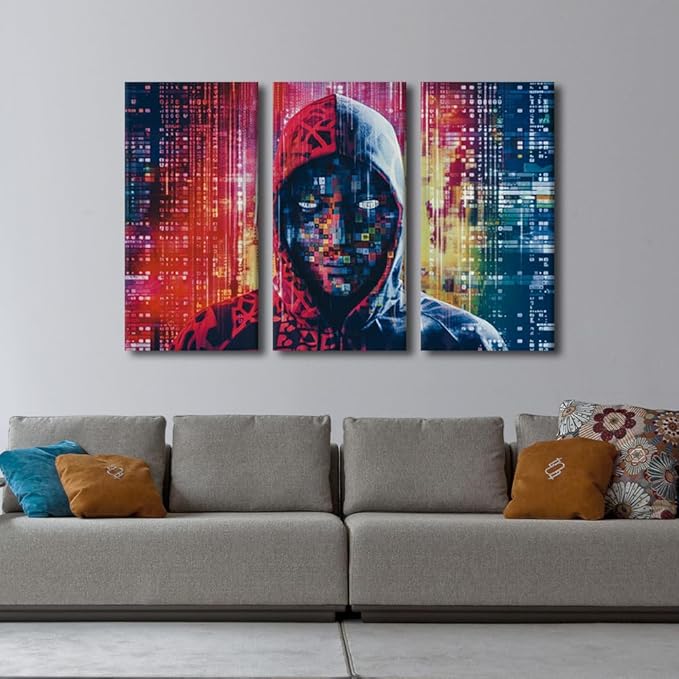 TUMOVO 3 Panel Modern Wall Art Hacker in Mask on Dark Background with Digital Effects Pictures Print on Canvas Wall Art for Home Office Wall Decorations Ready to Hang, 36" Wx24