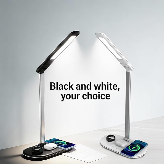 3-in-1 Wireless Charging Desk Lamp,15W Qi Fast Charger for Phone/Watch/Earbuds,Adjustable LED Light with 3 Colors & Stepless Dimming,Flexible Gooseneck,Touch Panel,HYT2096 White.