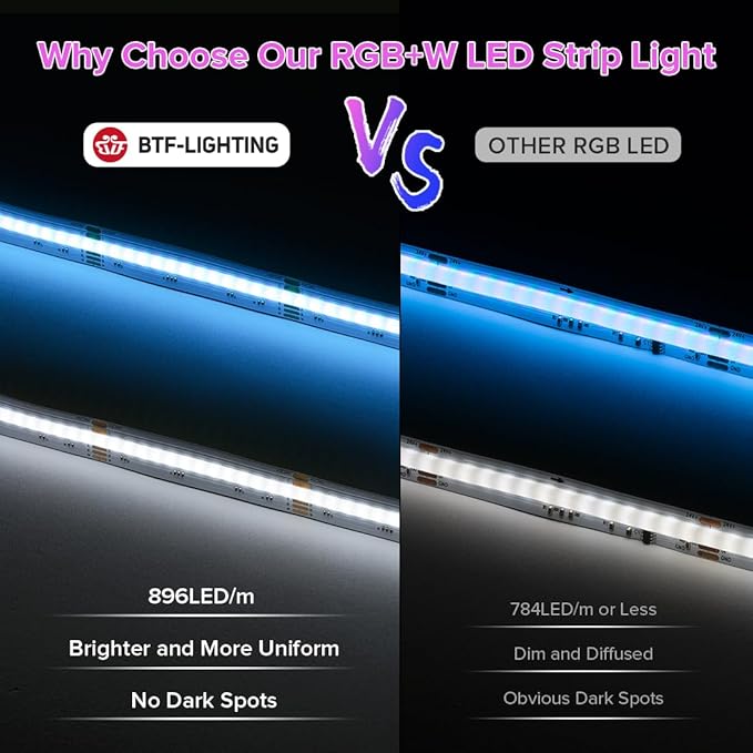 BTF-LIGHTING FCOB COB LED Strip RGBW 3000K 896LED/m 16.4FT DC12V Color Changing Flexible High Density Uniform Light 12mm Width for Home Indoor Decoration(No Adapter or Controller)