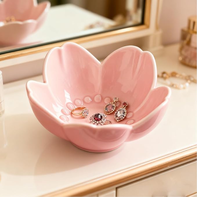 Pink Flower Ring Dish Jewelry Tray, Ceramic Jewelry Dish, Cute Small Trinket Tray, Nightstand Bathroom Decor Ring Holder, Jewlery Plate Bowl for Christmas Friendship Birthday Gifts for Women