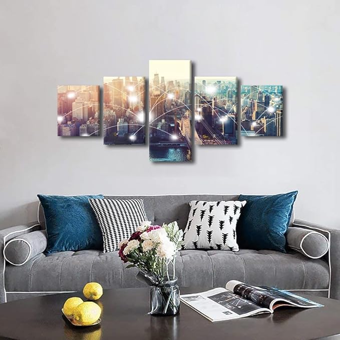 New York City Landscape 5 Panel Canvas Wall Art Urban Skyline Picture Energy Digitalization Poster Decorate Native Americans Home Decoration for Living Room and Office Decorate Artwork 50x24 Inch