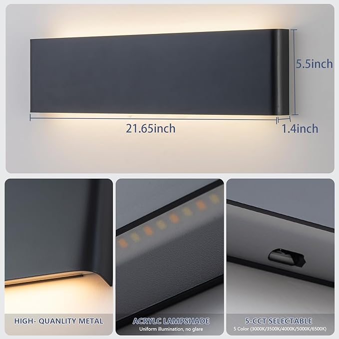Nigaut 21.6'' Modern LED Wall Sconce Light, 15W 3000k-6500k Adjustable Black Bathroom Vanity Light 2 Pack