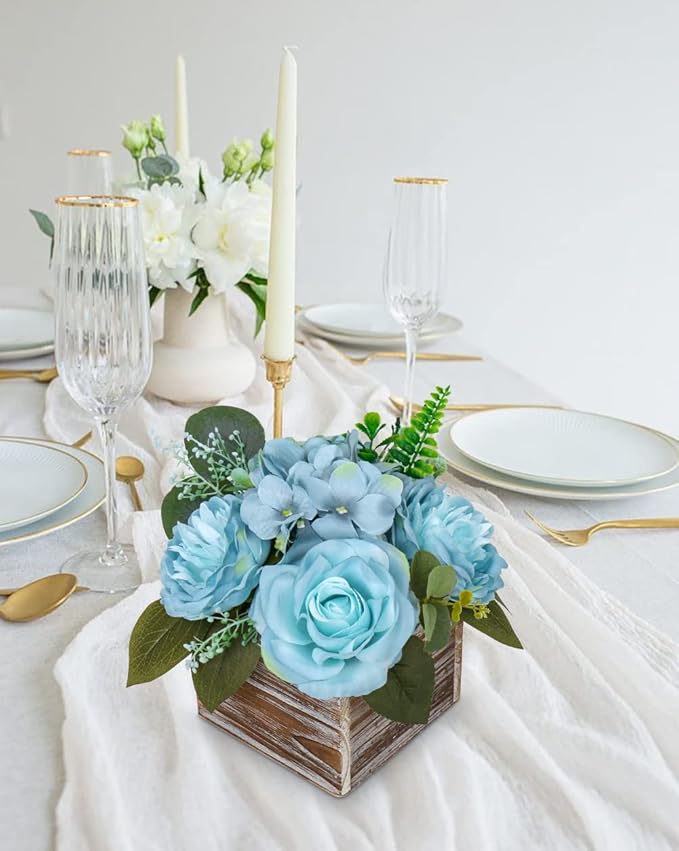 DILATATA Flower Arrangement with Wooden Vase 8" Artificial Flowers in Pot - Fake Flowers Roses Peonies Hydrangeas in Wooden Vase Potted Flower Centerpieces for Table Decor Living Room - Dusty Blue