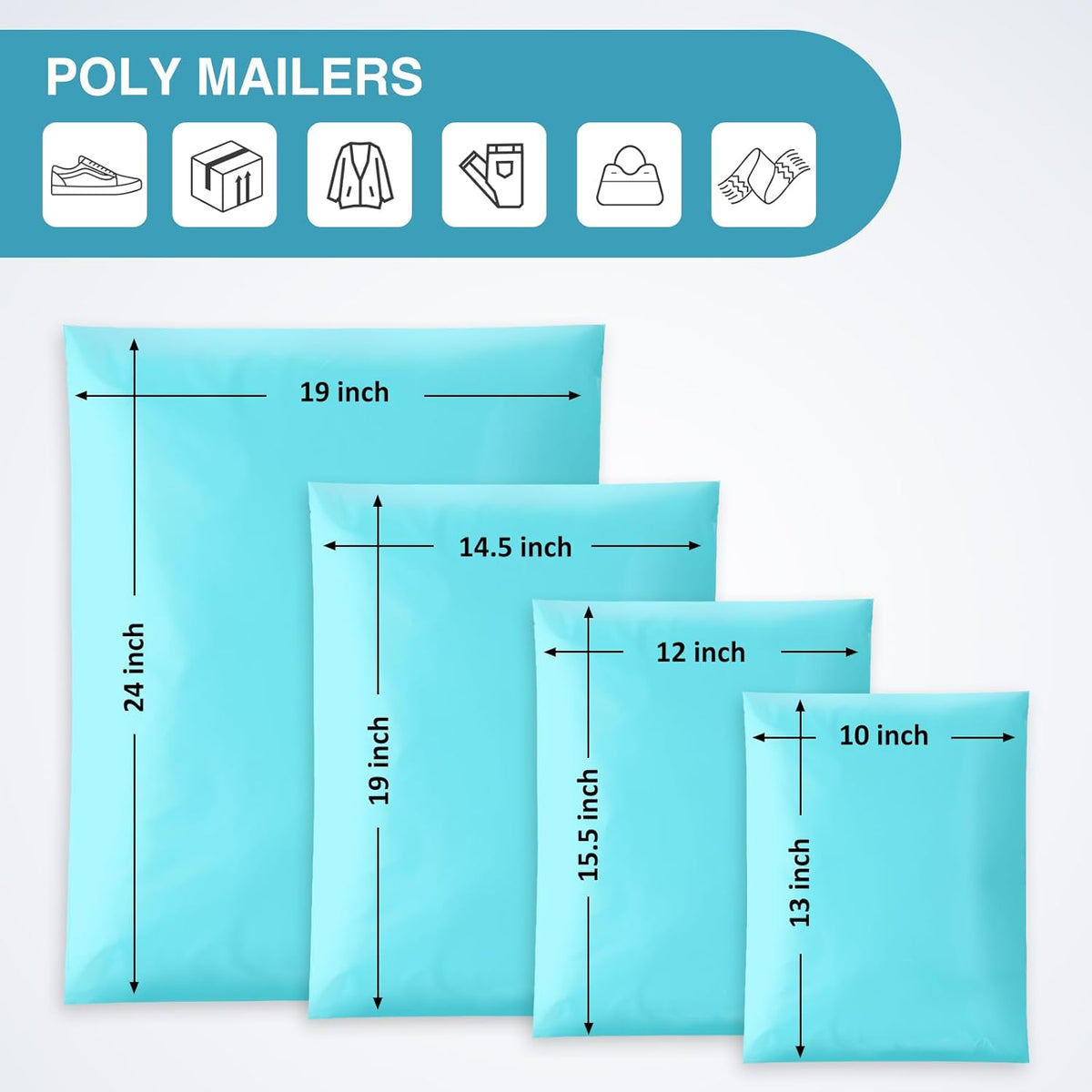 UCGOU 100 Pack Teal Poly Mailers Variety Size Pack, 10x13 Inch & 12x15.5 Inch & 14.5x19 Inch &19x24 Inch, 25 PCS Each Shipping Bag, Self-sealing Adhesive Mailers Assorted Sizes for Small Business