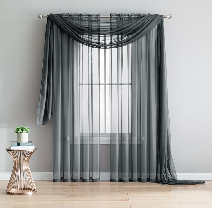 LINENZONE Pair of 2 Rod Pocket Voile Window Treatments. Great Farmhouse Style Sheer Curtains for Living Room, Bedroom, Dining Room, Patio or Canopy Bed. (Amazing Sheers - 56" W x 84" L, Charcoal)
