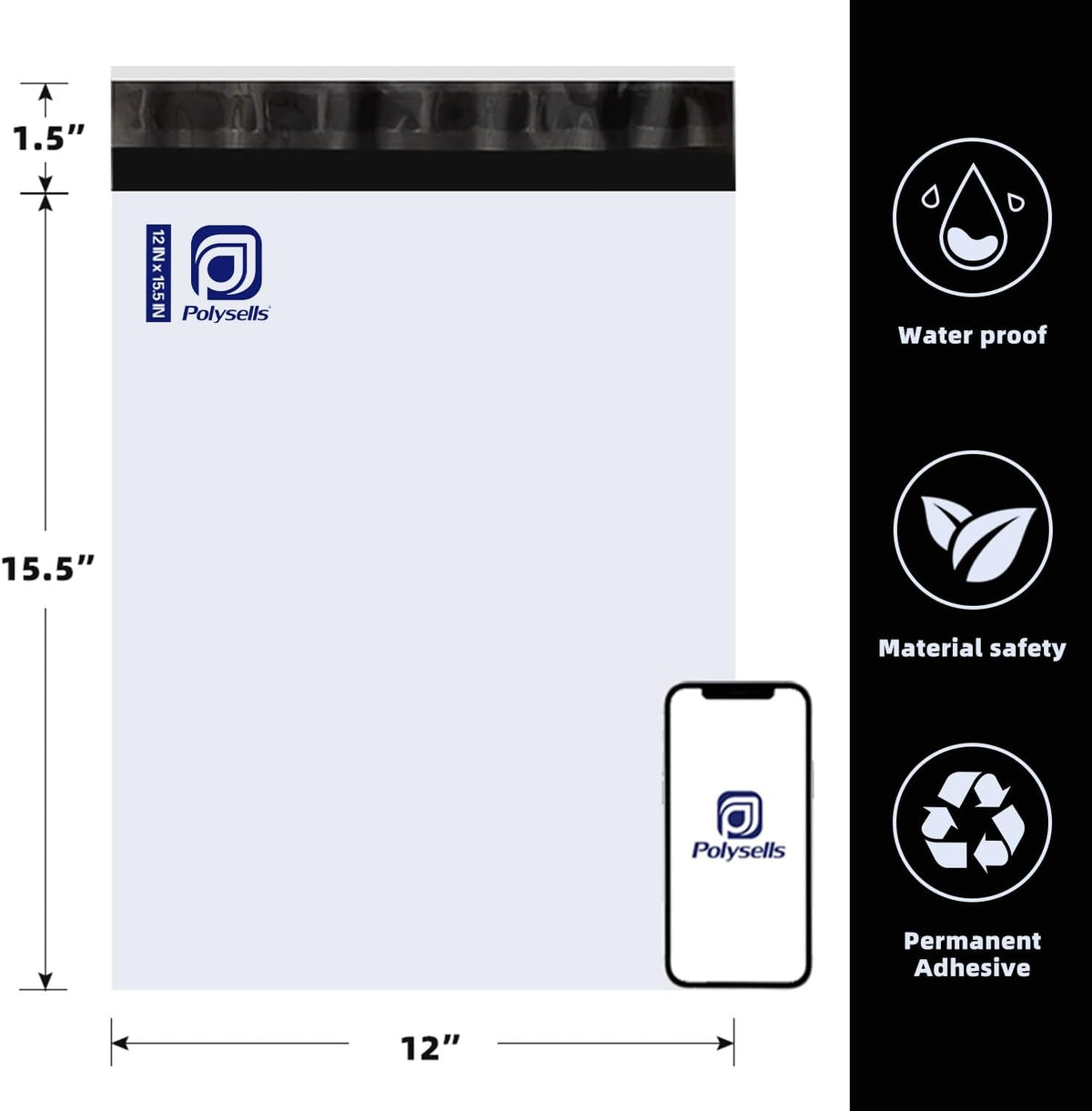 POLYSELLS 500 Pcs 12x15.5 Inch White Poly Mailers Shipping Envelopes, Strong Adhesive Sealing, Waterproof, and Tear-resistant Postal Mailing Bags for Clothing, Books, and Accessories