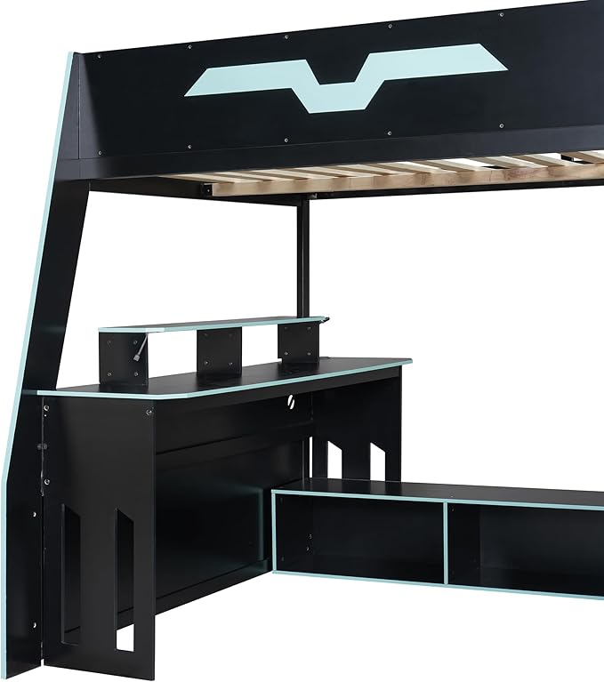 LUMISOL Full Size Wood Loft Bed with Desk and Multi-Storage Shelves, Gaming Loft Bed with RGB LED Lights and Adjustable Desk Placement, Space-Saving Game Bedframe with Under-Bed Storage, Cloud Blue