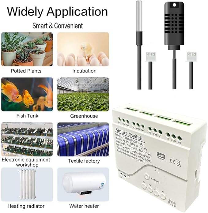 Tuya WiFi Smart Temperature Sensor Controller, 4CH 85-250V Relay Switch, Remote Voice Control, APP Remote Control, Dry Contact, Real-Time Monitoring, Compatible with Alexa and Google Home