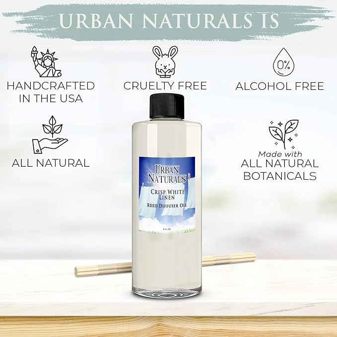 Urban Naturals Reed Diffuser Oil Refill Crisp White Linen with Fresh Linen, Clean Breeze, Soft Cotton 8 oz + Free Reed Sticks, Made in the USA