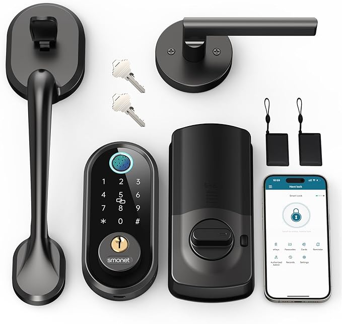 SMONET Front Door Lock Set with Handle, Smart Fingerprint Keyless Entry Door Lock, Deadbolt with App Control, Touchscreen Keypad for Home Airbnb Apartment