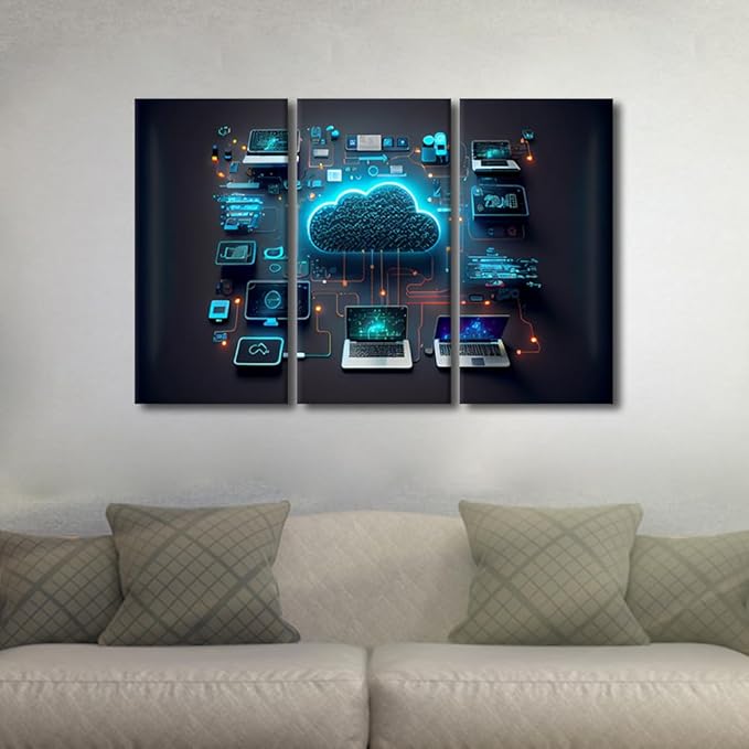 TUMOVO 3 Panel Canvas Wall Art Devices Connected to Digital Storage in the Data Center Via the Internet Pictures Print on Canvas for Home Wall Decoration, Stretched Framed Ready to Hang, 42" Wx28 H