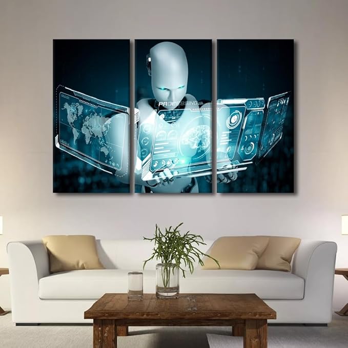 3 Panels Wall Art - Big Data Analysis Canvas Prints Western Robot Canvas Wall Art AI Intelligence Wall Art Bedroom Wall Decor Contemporary Home Decor Giclee Artwork Framed Ready to Hang, 60"Wx40"H