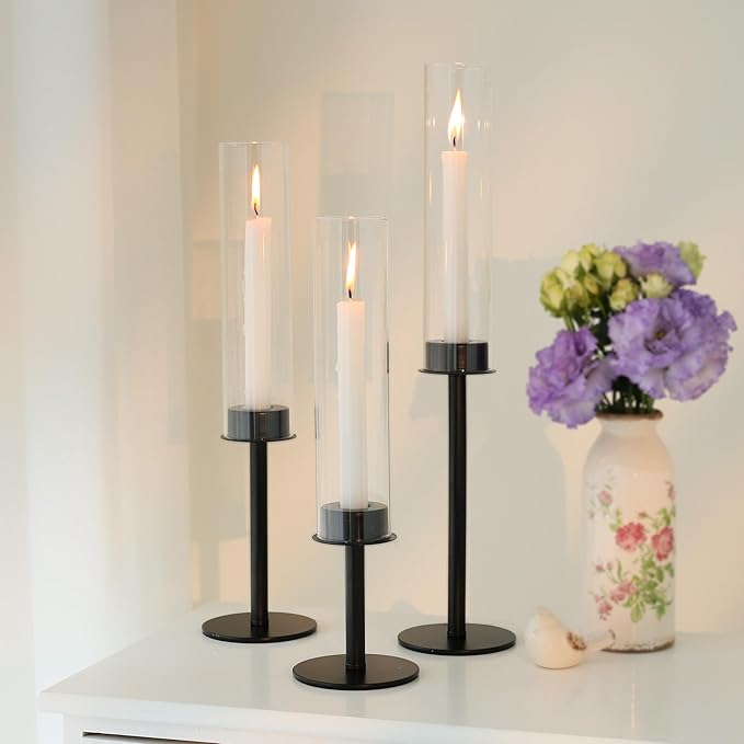 Hurricane Candle Holders Set of 3 Metal Candlestick Holder for Glass Taper Tall Candle Holders with Crystal Chimney Tube Candles Stands for Home Decor, Christmas, Dinning (3, Black)