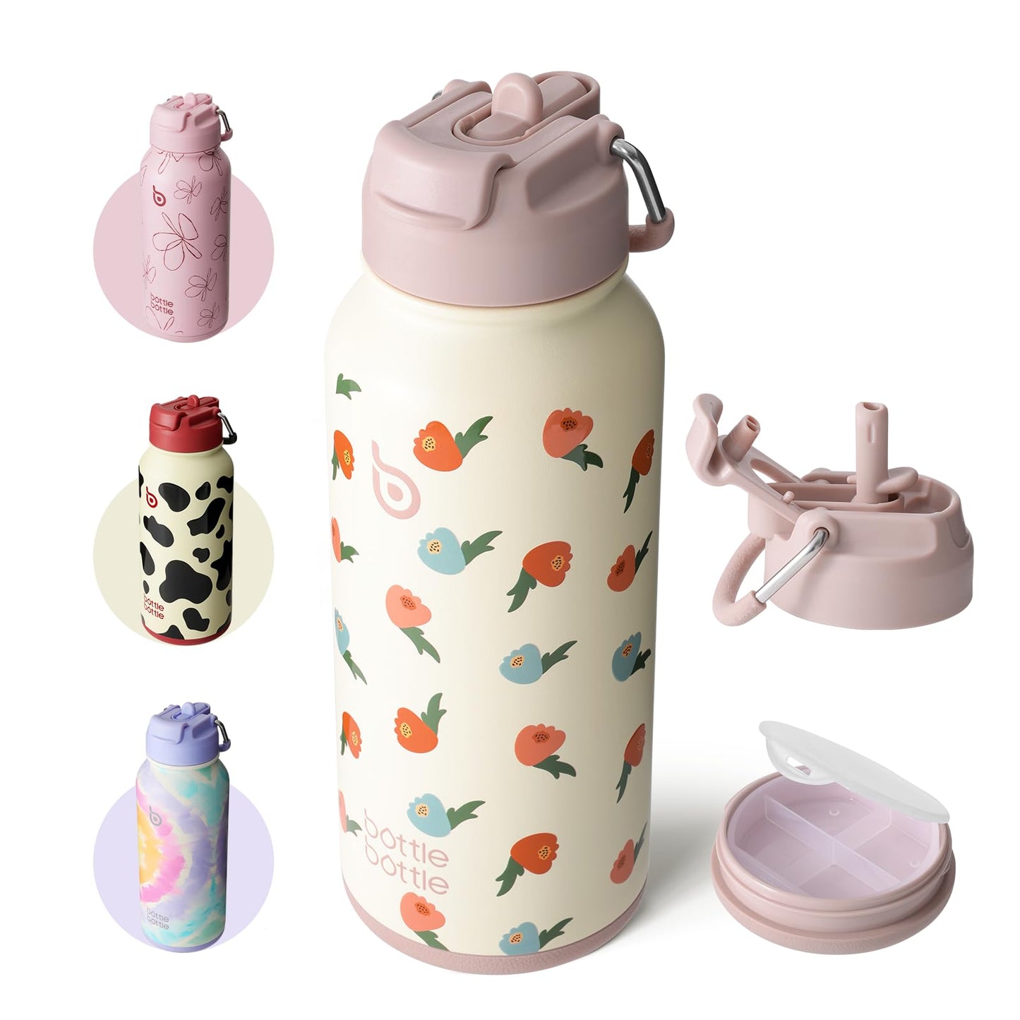 BOTTLE BOTTLE 32oz Insulated Water Bottle Stainless Steel Sport Water Bottle with Straw Dual-use Lid Design for Gym with Pill Box (Buds Rain)