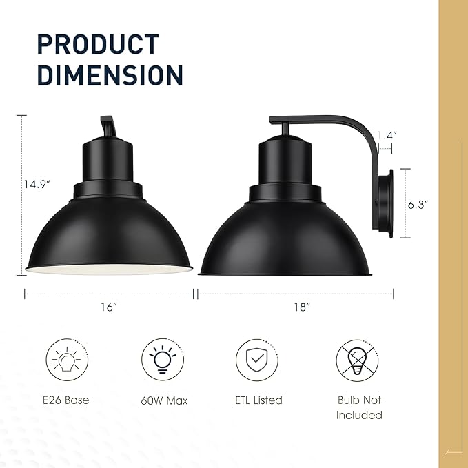 zeyu 16 Inch Black Interior Wall Sconce, Farmhouse Barn Wall Light for Porch Entryway, Metal Dome Shade in Black Finish, ZY24-1W-L BK