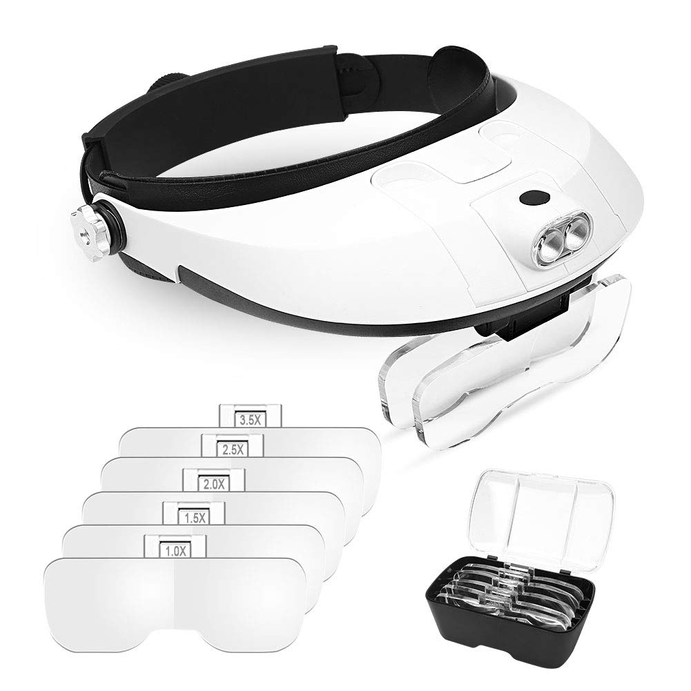 AZFUNN 1X to 6X Headband Magnifier, Head Mount Magnifying Glass with LED Light for Close Work Jewelers Loupe Eyelash Extensions Watch Repair Reading