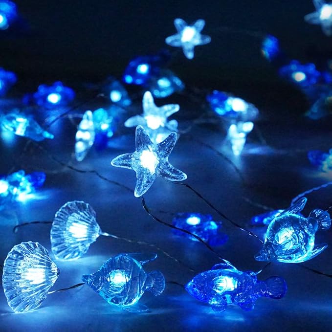 Decorman Sealife String Lights 14ft 40 LED 8 Modes Cool White Weatherproof Battery Operated Ocean Theme Lights for Bedrooms Parties Weddings Gardens with Remote and Timer