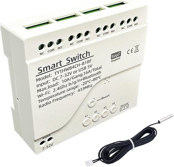 Tuya WiFi Smart Temperature Sensor Controller, 4CH 7-32V Relay Switch, Remote Voice Control, APP Remote Control, Dry Contact, Real-Time Monitoring, Compatible with Alexa and Google Home