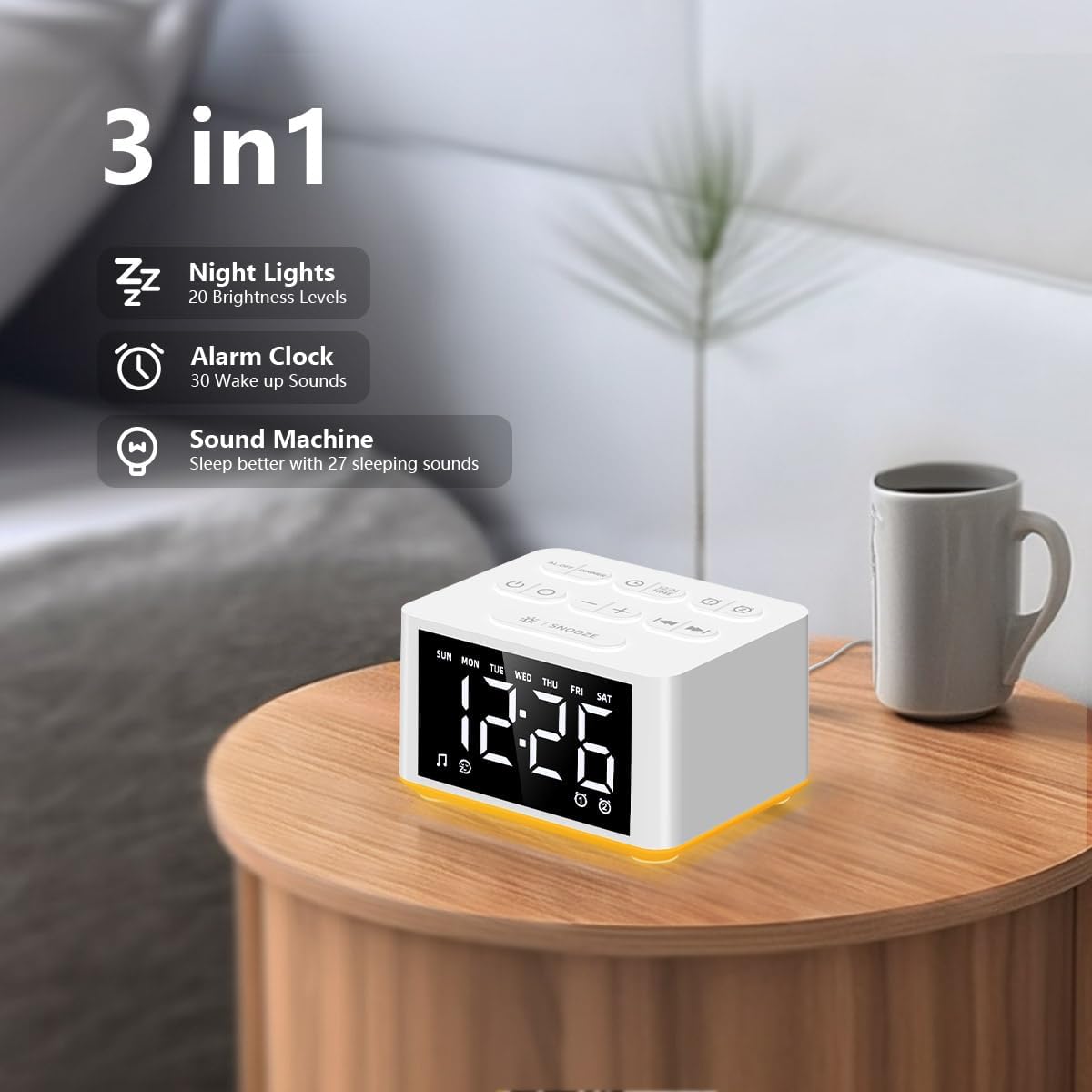 【3 in 1】 Small Sound Machine Alarm Clock Night Light White Noise Machine 27 Sleeping Sounds for Adults Kids Precise 32 Level Volume Sleep Timer Memory Function Digital Clock with 30 Wake Up Sounds