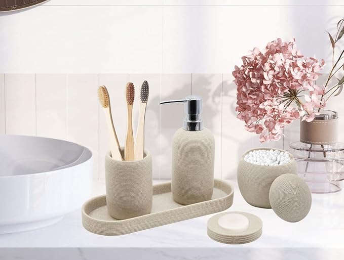 Beige Resin Bathroom Accessory Set, 5 Pcs Bathroom Accessories Set with Lotion Dispenser,Soap Dish,Toothbrush Holder,Vanity Tray,Qtip Holder Dispenser, Modern Bathroom Decor and Housewarming Gift Set