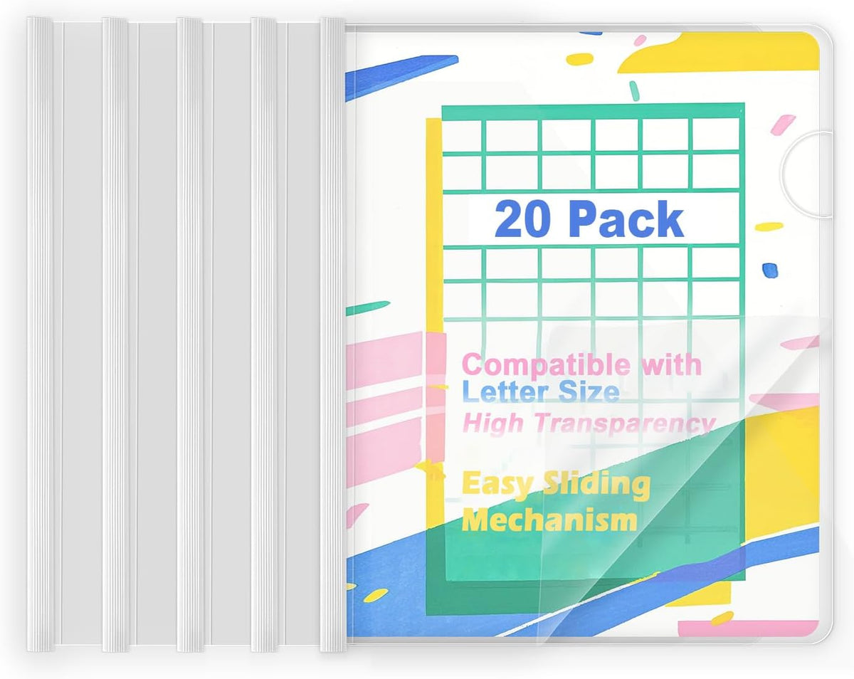 TOTiyea 20 Pack Clear Report Covers with Sliding Bars, 9mm (70 Sheet Capacity) White Sliding Bar File Folders, for Letter Size