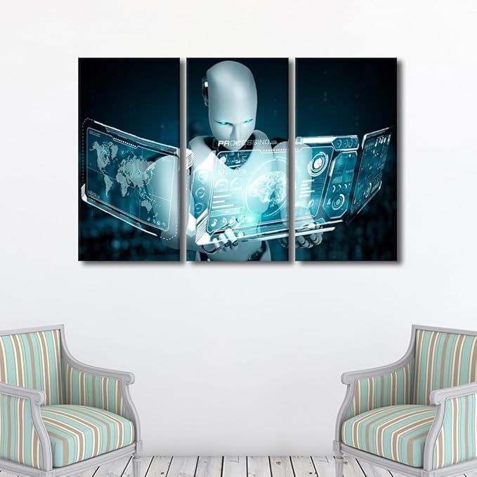 3 Panels Wall Art - Big Data Analysis Canvas Prints Western Robot Canvas Wall Art AI Intelligence Wall Art Bedroom Wall Decor Contemporary Home Decor Giclee Artwork Framed Ready to Hang, 60"Wx40"H