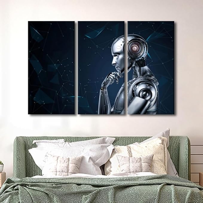 TUMOVO Robot Wall Art Prints on Canvas AI Intelligence Wall Pictures Modern Decor for Home Walls 3 Pieces Canvas Wall Art Paintings Wall Decor Giclee Artwork Ready to Hang, 60" Wx40 H