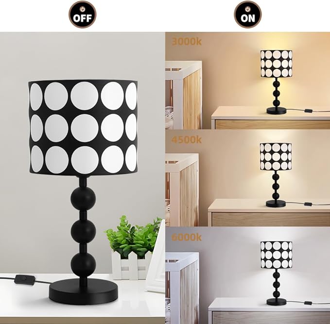Black Bedside Table Lamp,White Dot Pattern Shade,Modern Black Tall Desk Lamp for Living Room,Bedroom,Nightstand,Office,Metal Base,Fabric Shade,Simple Side Table Lamps,E26 E27 Base,Button Switch