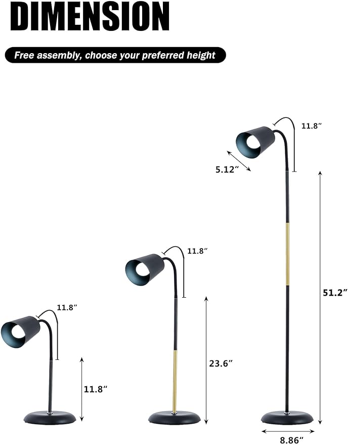AoMck Floor Reading Lamp, Industrial Metal Floor Lamps for Living Room with Adjustable Bendable 2 in 1 Reading Table Lamps for Living Room Bedroom Office, 12W Bulb Included (White)
