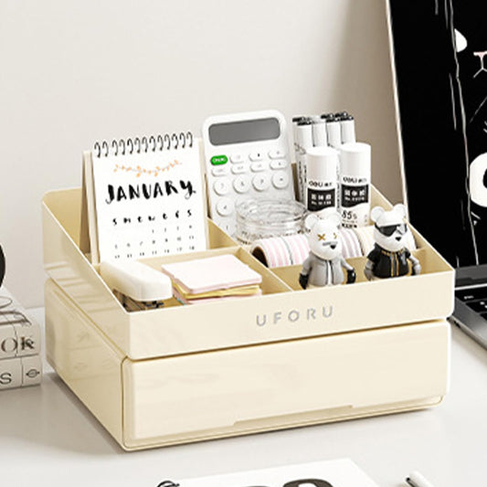 UFORU Desk Organizer with 6 Compartments, 2 Tier Stackable Storage Drawers Plastic Makeup Storage, Office Desk Storage Box, Stationary Sorting Helper