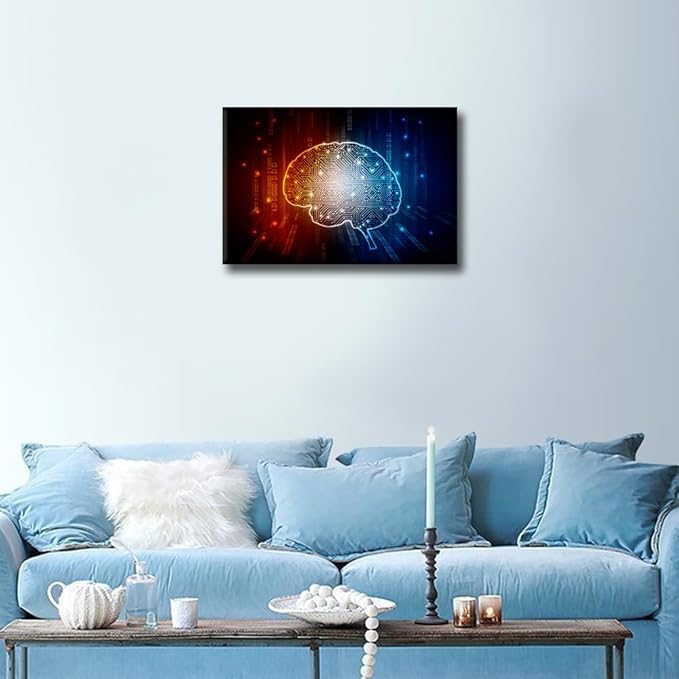TUMOVO Artificial Intelligence Brain Wall Art Painting on Canvas Red Blue Bedroom Wall Art Modern Home Decor Digital Technology House Decorations for Living Room Stretched Frame, 18x12in