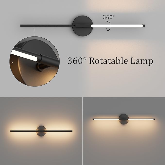 Black Wall Sconce for Bathroom 28In Hardwired Vanity Light Fixture 3000K Indoor Bathroom Sconce Over Mirror 360° Rotate for Living Room