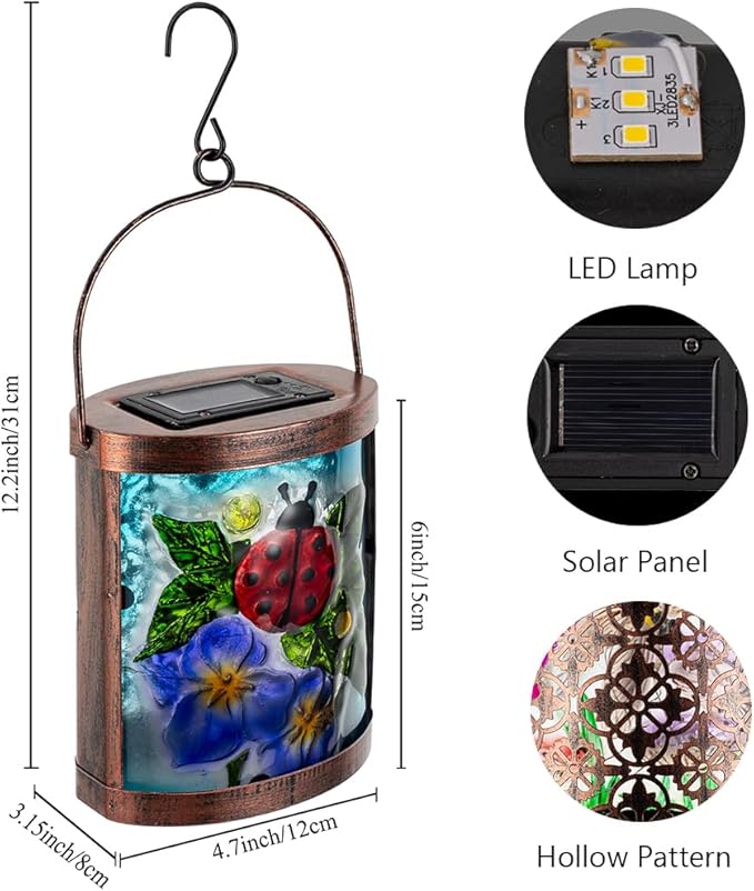 Starsoul 2 Pack Hanging Solar Lantern Outdoor Waterproof Glass Ladybug and Flowers Decorative Solar Lights for Outside Garden Yard Table Patio Decor