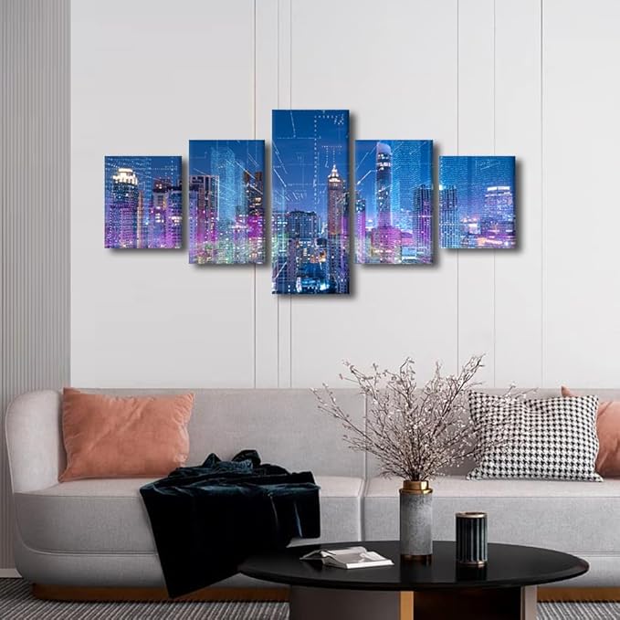 Wall Art for Living Room Wireless Network Picture Printing Meeting Room Wall Decor Company Corridor Wall Decoration 5 Panel Smart City Landscape Poster Frame and Stretched Ready to Hang 50x24 Inch