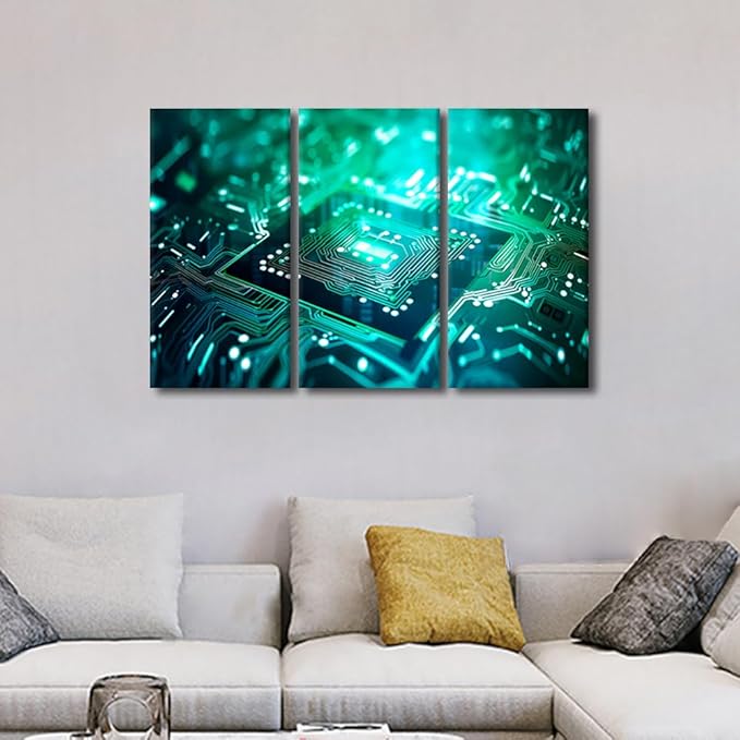 TUMOVO Semiconductor Chip Wall Pictures for Living Room Wall Decoration Chip Wall Art Large Wall Decor Circuit Board Canvas Wall Art 3 Pieces Artwork Wall Decor Framed Ready to Hang, 36" Wx24 H