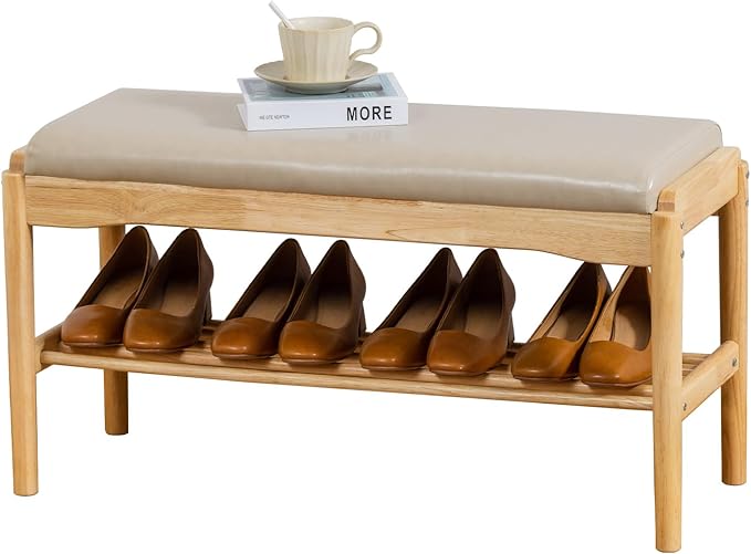 Shoe Bench, Entryway Bench, Wood 2-Tier Shoe Rack with Cushion Padded Seat Shoe Organizer (31.5",Beige+Nature)