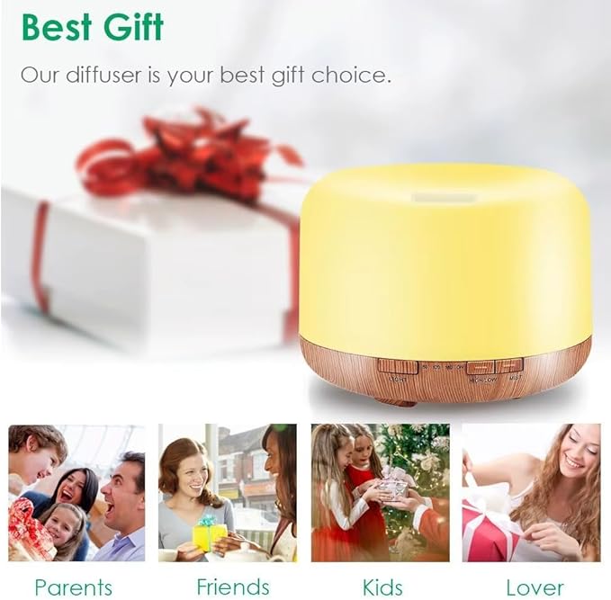 500ml Home/Office Aroma Diffuser, Essential & Fragrant Oil Vaporizer with Multi-Color Lighting for Night Stand, Desk, Table, Remote Control, Timer & Auto-Off Switch, Brown, Premium