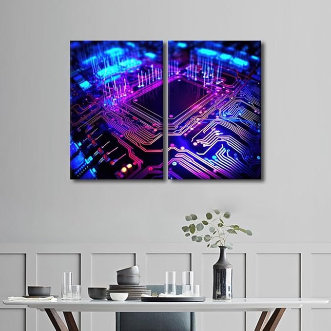 3 Pieces Circuit Board Canvas Wall Art Paintings Home Decor Semiconductor Chip Canvas Prints Picture for Living Room Modern Artwork Minimalism Posters Framed Stretched, 24" Wx16 H