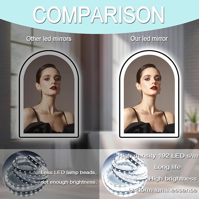 16 x 24 Inch Black LED Arch Mirror with Lights Black Frame Arched LED Vanity Mirror for Bathroom Wall Makeup Desk Black Framed Arch Lighted Mirror 3Color AntiFog 24" Arch Smart Light up Mirror
