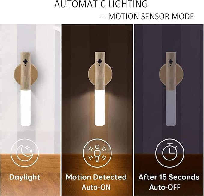 Rechargeable Battery Night Light Motion Sensor Set of 2 LED Wall Lights with 3-Modes Switch Wireless Portable USB Wall Sconces Mini Wood Stick Magnetic Lamp for Bedroom Bathroom Aisle Stairs