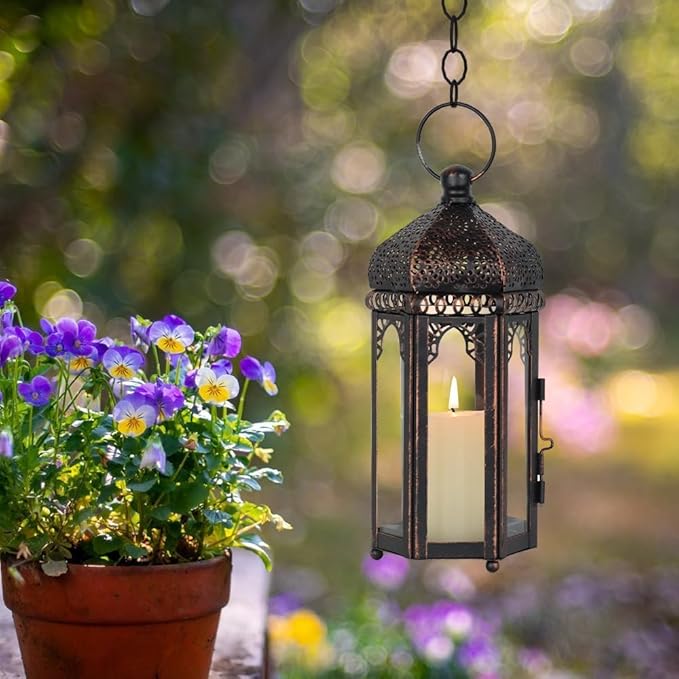 DECORKEY Vintage Medium Size Lantern Decorative Indoor & Outdoor, Moroccan Hanging Lantern with Clear Glass, Metal Tabletop Candle Lanterns for Front Porch Patio Decor, Christmas Decorations
