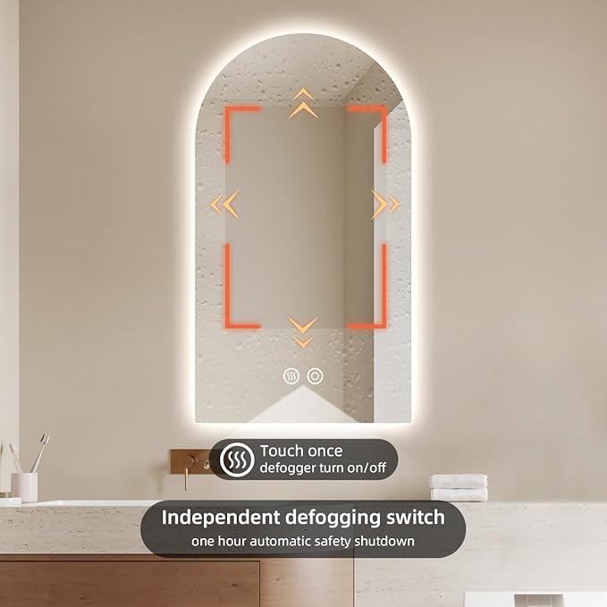 40" x 24" Arched LED Bathroom Mirror, Frameless, Backlit Vanity Mirror with Lights, Wall Mounted Lighted Mirror, Dimmable 3-Color Shatter-Proof Arch Smart Mirror, UL-Listed, CRI≥93