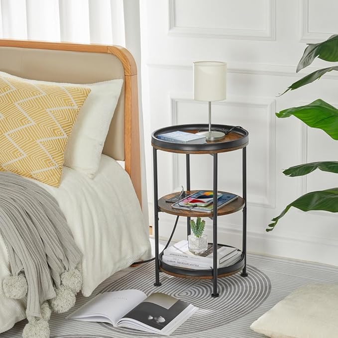 Dulcii Round Side Table with Charging Station, End Table with 3 Shelves for Living Room, Bedroom Nightstand for Small Spaces, Industrial Round Sofa Table with Steel Frame (USB+Rustic Brown)