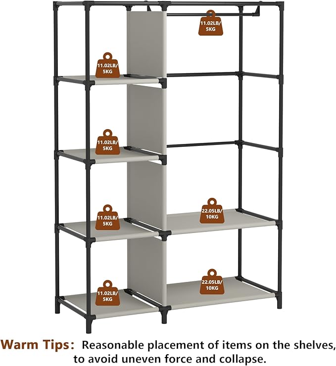 Calmootey Portable Closet Organizers, Clothing Storage, Wardrobe with 6 Shelves and Hanging Rod, Non-Woven Fabric Cover with 4 Side Pockets, Black
